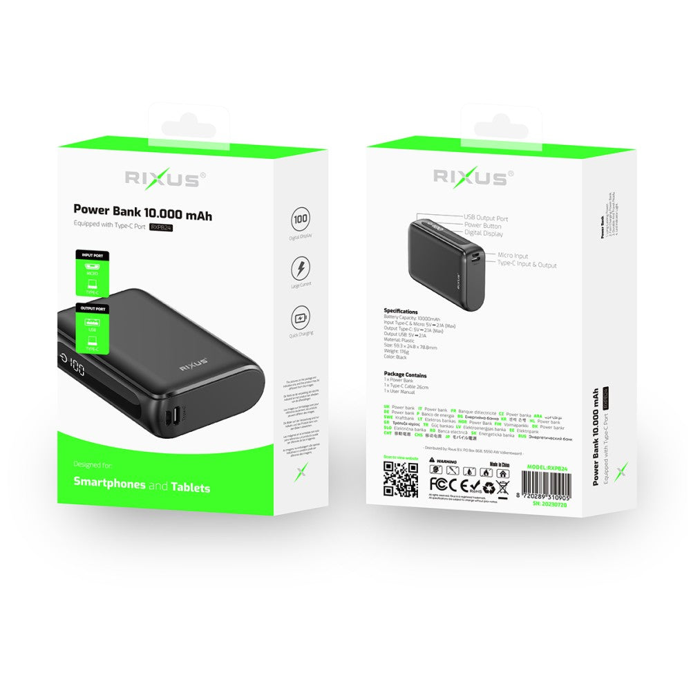 Powerbank Rixus RXPB24 - Compact - Digital Display 10000mAh - Zwart