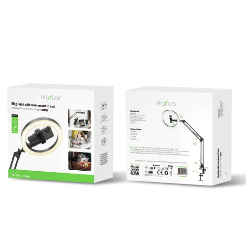 Rixus RXLG30 Ringlamp met Bureauklem – 10 Inch Ring Light voor Video's, Streaming en Videobellen – Zwart