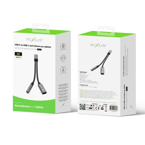 Rixus RXMU72 USB-C naar USB-C + 3.5mm AUX Adapter 15 cm – Splitter Kabel – Space Gray
