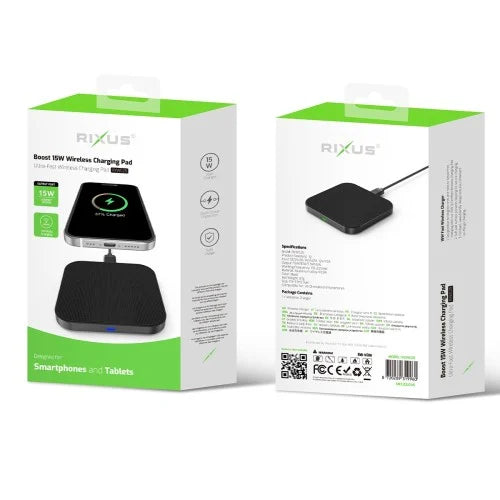 Rixus RXWC25 15W Wireless Fast Charger – Qi Wireless Charging Pad – Black
