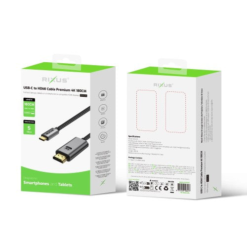 Rixus RXHU15 USB‑C naar HDMI Kabel (Premium) – 4K Ultra HD, 1,8 m – Space Gray