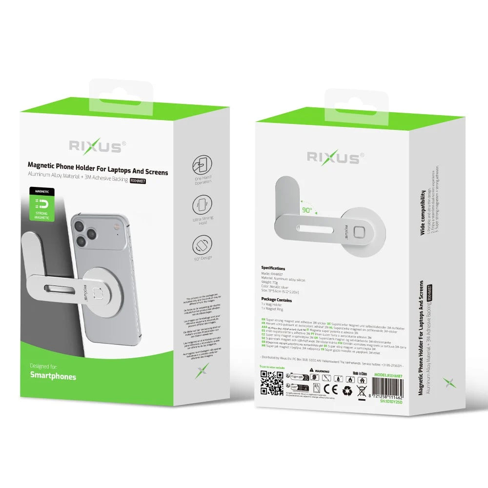 Rixus RXHM87 Magnetische Telefoonhouder voor Laptop en Monitor – Verstelbare MagSafe Bureauhouder – Zilver