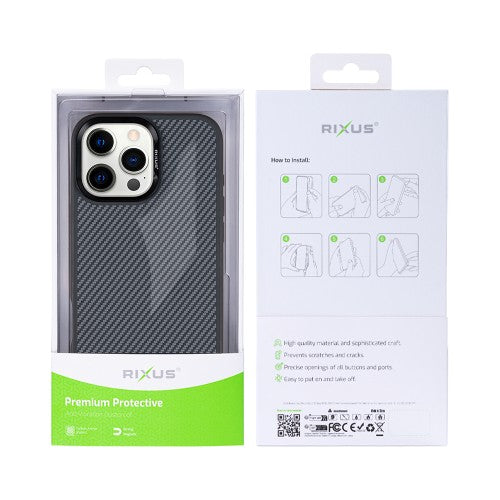Rixus Mag Carbon – Telefoonhoesje – MagSafe Beschermhoes – Carbon Design – Titanium Black – iPhone 16 Pro