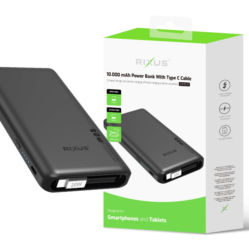Rixus RXPB08 Powerbank 10,000 mAh – With built-in USB-C cable (70 cm), QuickCharge support up to 22.5 W and extra USB-C port – Black