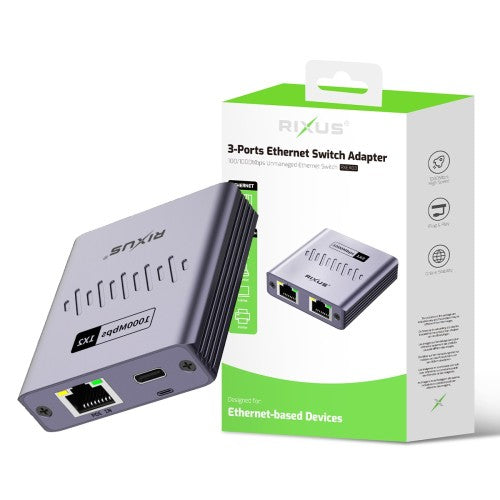 Rixus RXEA03 – Ethernet Switch Adapter – 3 Poorten – USB-C Voeding – Compact Design – Grijs