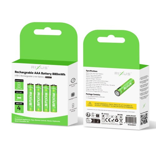 Rixus RXAA07 Oplaadbare AAA Batterijen 880mWh – 4 Stuks – Met USB-C Kabel
