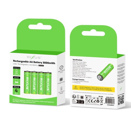 Rixus RXAA05 Oplaadbare AA Batterijen 3000mWh – 4 Stuks – Met USB-C Kabel