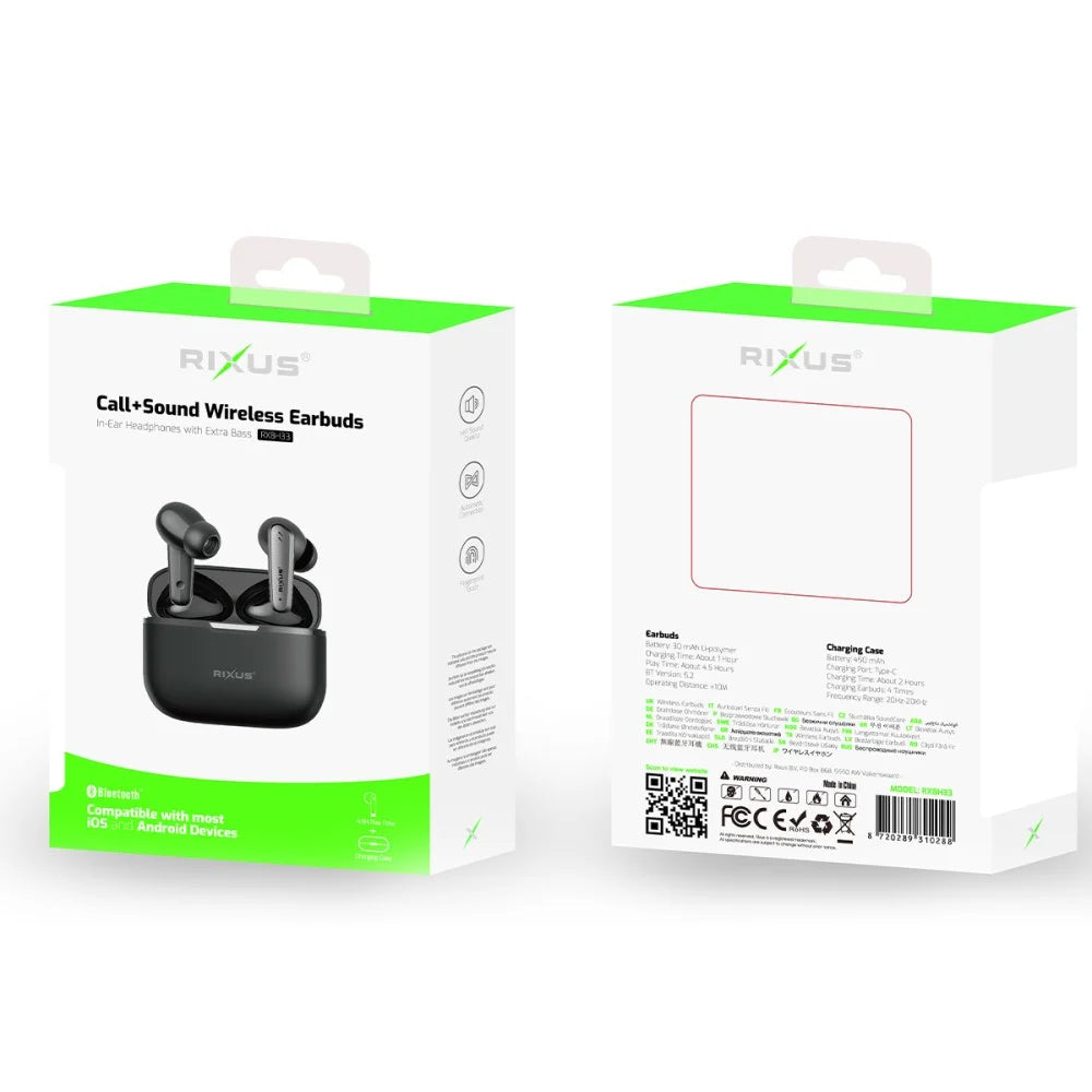 Rixus RXBH33 Wireless Bluetooth Earbuds – HiFi Sound with Charging Case – Black