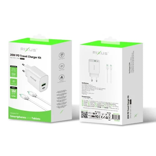 Rixus RX90CC 20W USB-C Snellader met USB-C naar USB-C Kabel (1m) – Power Adapter – Wit