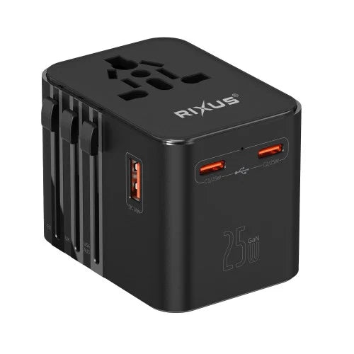 Rixus RX3425 World Travel Adapter – 25W Reisadapter – 3 USB Poorten – Zwart