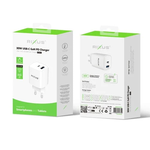 Rixus RX95A 30W USB-C GaN Snellader – PD Power Adapter – Compacte Oplader – Wit