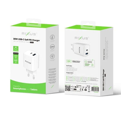 Rixus RX95A 30W USB-C GaN Snellader – PD Power Adapter – Compacte Oplader – Wit