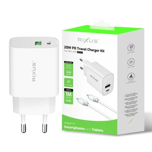 Rixus RX90CC 20W USB-C Snellader met USB-C naar USB-C Kabel (1m) – Power Adapter – Wit