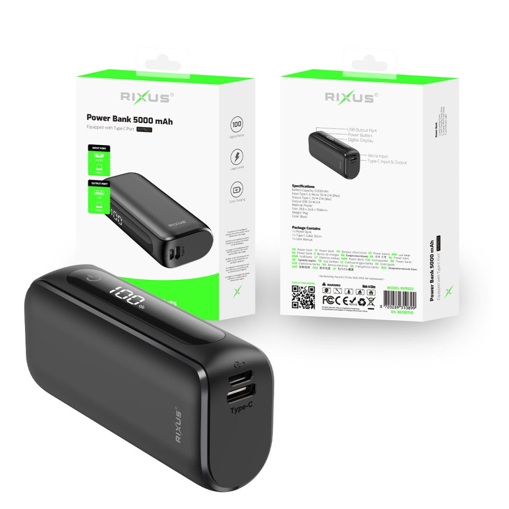 Powerbank - Rixus RXPB23 - Digital Display 5000mAh - Zwart
