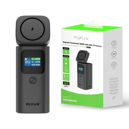 Rixus RXPB15 15000mAh Powerbank 100W – Magnetisch – Met Display – Snellader – Donkergrijs