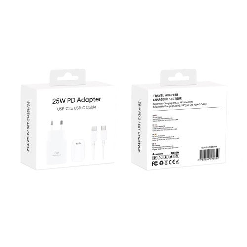 PD Adapter USB-C naar USB-C 25W – Snellader met Kabel – Wit