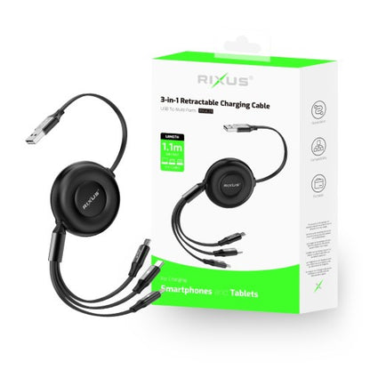 Rixus RXUC25 3-in-1 Snellaadkabel Intrekbaar – Multi Oplaadkabel USB-C/Lightning/Micro-USB – Zwart