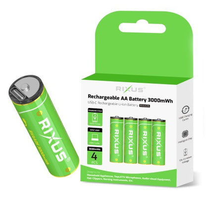 Rixus RXAA05 Oplaadbare AA Batterijen 3000mWh – 4 Stuks – Met USB-C Kabel