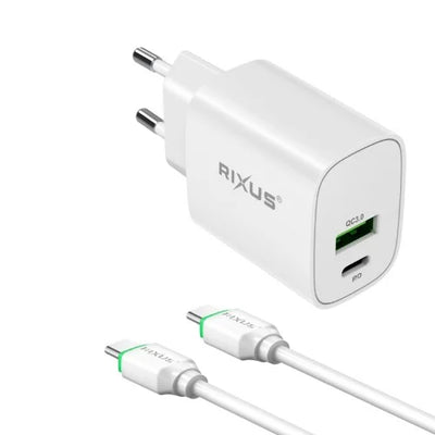 Rixus RX90CC 20W USB-C Snellader met USB-C naar USB-C Kabel (1m) – Power Adapter – Wit