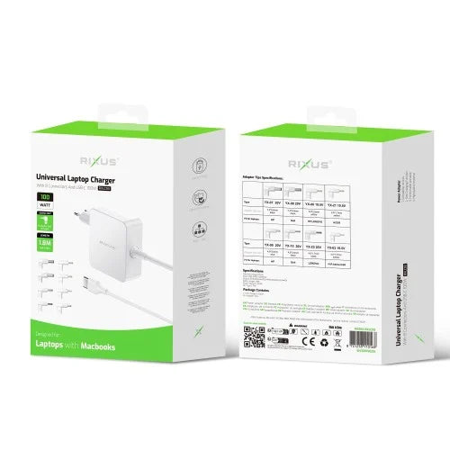 Rixus RXLC93 Universele Laptop Oplader 100W – Inclusief 8 Plug Tips – Wit