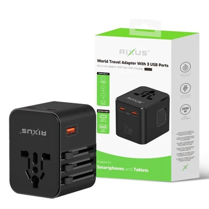 Rixus RX3425 World Travel Adapter – 25W Reisadapter – 3 USB Poorten – Zwart