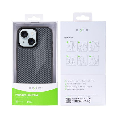 Rixus Mag Carbon – Telefoonhoesje – MagSafe Case – Carbon Design – Titanium Zwart – iPhone 15 Plus