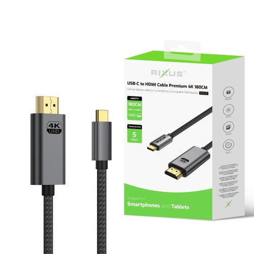 Rixus RXHU15 USB‑C naar HDMI Kabel (Premium) – 4K Ultra HD, 1,8 m – Space Gray