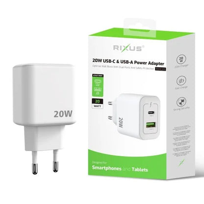 Rixus RXHC20 20W Snellader – USB-C & USB-A Power Adapter – Compacte Oplader – Wit