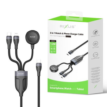 Rixus RXUC31 3-in-1 Oplaadkabel 1,2 m – Watch en Smartphone – Multi Charger Zwart