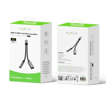 Rixus RXMU72 USB-C naar USB-C + 3.5mm AUX Adapter 15 cm – Splitter Kabel – Space Gray