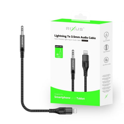 Rixus RXMU35L Lightning naar 3.5mm Jack Audiokabel 1,2 m – Gevlochten AUX Kabel – Zwart