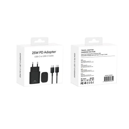 PD Adapter USB-C naar USB-C 25W – Snellader met Kabel – Zwart
