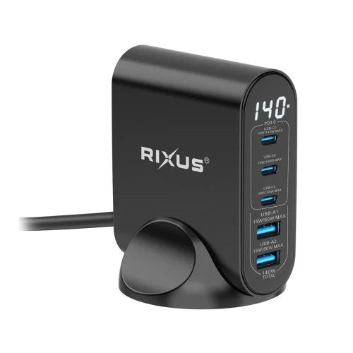 Rixus RX140 GaN Power Adapter – 140W Snellader – Digitaal Display – Zwart