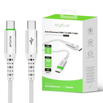 Rixus USB-C naar USB-C Kabel met Auto-Disconnect – Snellaadkabel – Wit