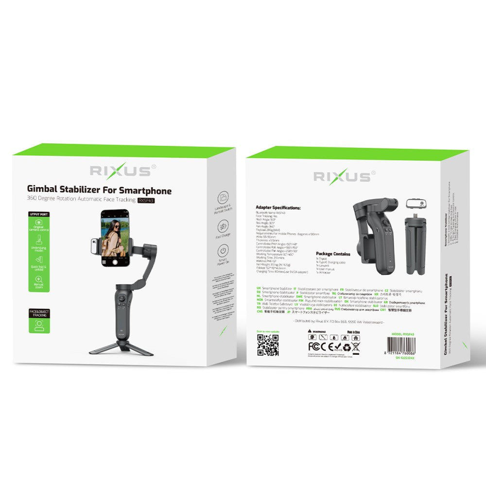 Rixus RXSF43 Selfie Stick met AI‑gezichtstracking en Bluetooth – Stabiele opnames, verlichting én afstandsbediening, inclusief tripod voor vloggen, TikTok en live‑videos