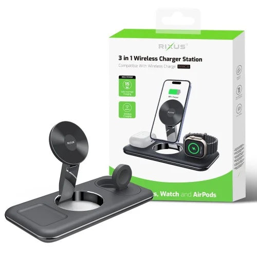 Rixus RXWC31 3-in-1 Wireless Charger – Stand for Smartphone, Smartwatch & AirPods – Black