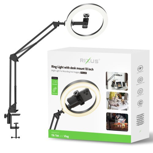 Rixus RXLG30 Ringlamp met Bureauklem – 10 Inch Ring Light voor Video's, Streaming en Videobellen – Zwart