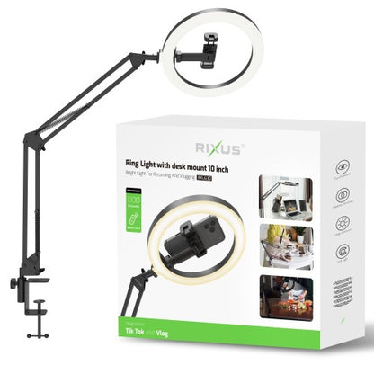 Rixus RXLG30 Ringlamp met Bureauklem – 10 Inch Ring Light voor Video's, Streaming en Videobellen – Zwart
