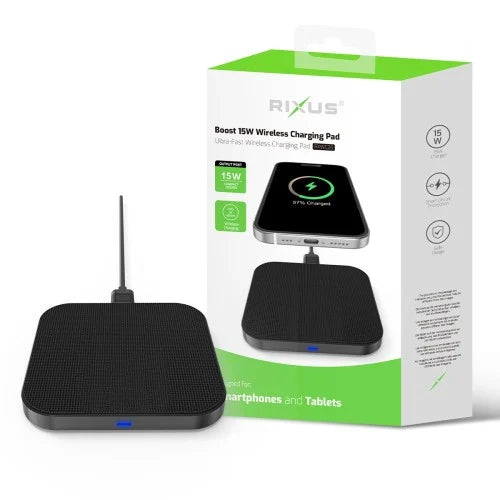 Rixus RXWC25 15W Wireless Fast Charger – Qi Wireless Charging Pad – Black