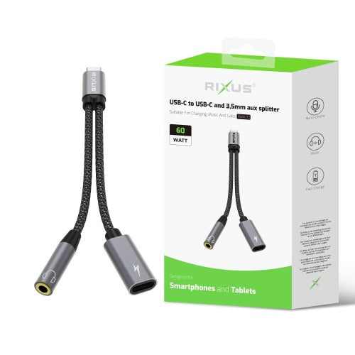 Rixus RXMU72 USB-C naar USB-C + 3.5mm AUX Adapter 15 cm – Splitter Kabel – Space Gray