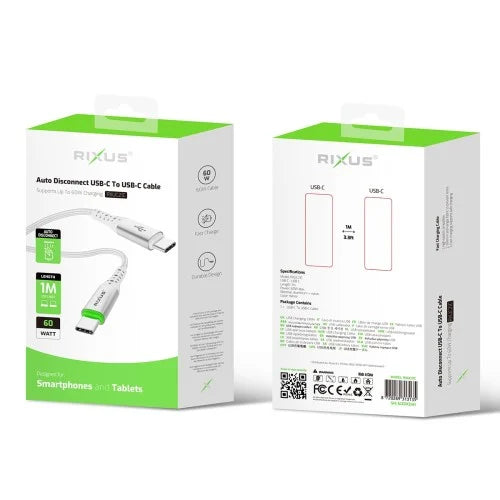 Rixus USB-C naar USB-C Kabel met Auto-Disconnect – Snellaadkabel – Wit
