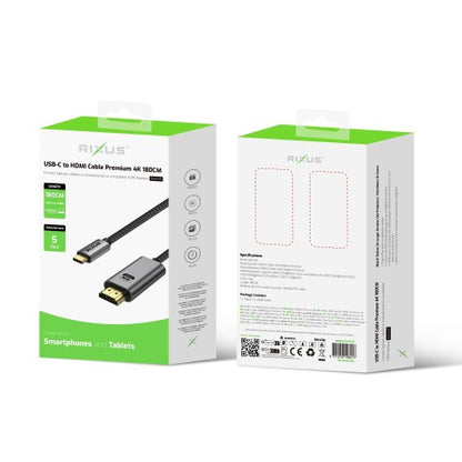 Rixus RXHU15 USB‑C naar HDMI Kabel (Premium) – 4K Ultra HD, 1,8 m – Space Gray