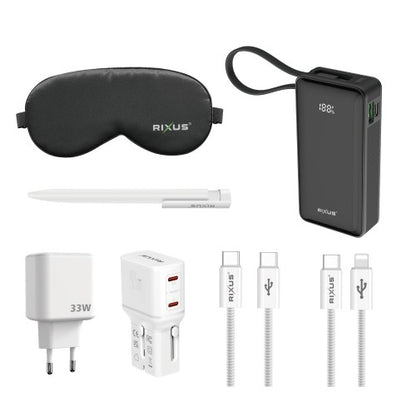 Rixus RXTP01 Recharge Travel Pack – Complete Reisset met 10000mAh Powerbank, 33W GaN Snellader en Kabels – Zwart