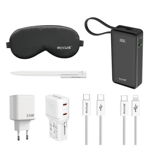 Rixus RXTP01 Recharge Travel Pack – Complete Reisset met 10000mAh Powerbank, 33W GaN Snellader en Kabels – Zwart