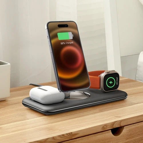 Rixus RXWC31 3-in-1 Wireless Charger – Stand for Smartphone, Smartwatch & AirPods – Black