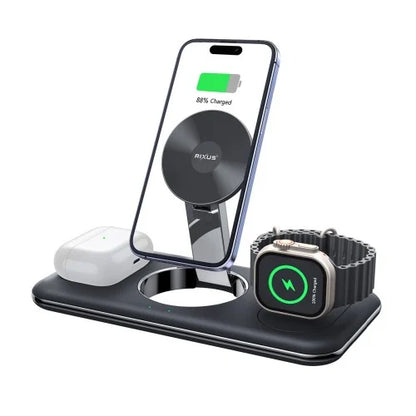 Rixus RXWC31 3-in-1 Wireless Charger – Stand for Smartphone, Smartwatch & AirPods – Black
