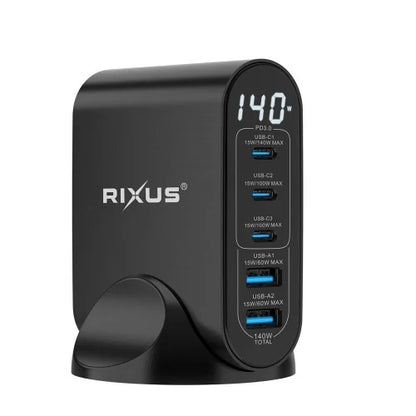 Rixus RX140 GaN Power Adapter – 140W Snellader – Digitaal Display – Zwart