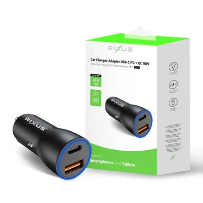 Rixus RXCC12 38W Autolader Snellader – USB-C & USB-A – Voor iPhone & Android – Zwart