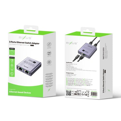 Rixus RXEA03 – Ethernet Switch Adapter – 3 Poorten – USB-C Voeding – Compact Design – Grijs