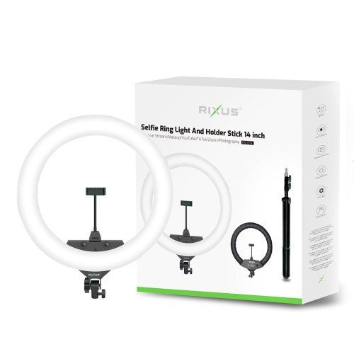 Rixus RXLG14 Ringlamp 14 Inch met Statief & Telefoonhouder – LED Selfie Ring Light – Dimbaar – Wit